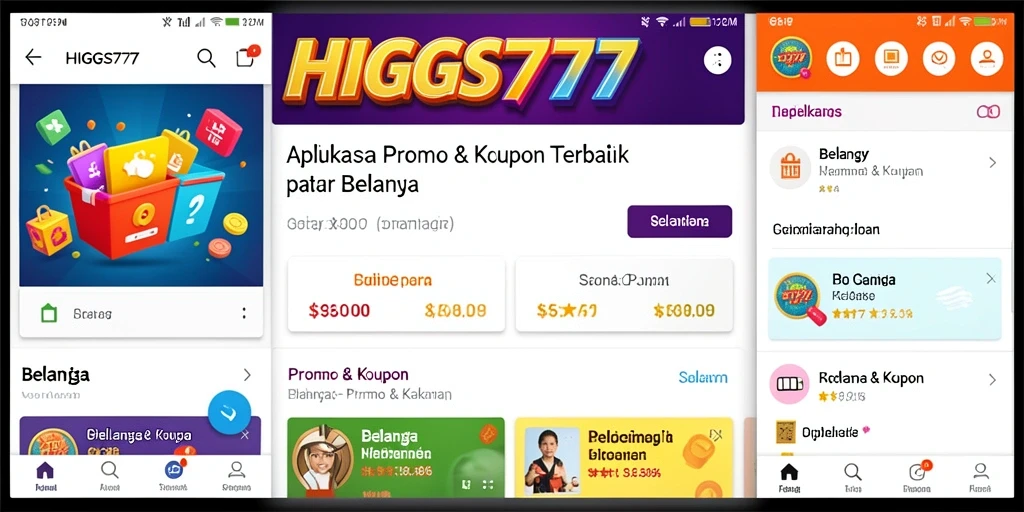 Screenshot HIGGS777 menampilkan antarmuka aplikasi promo dan kupon.
