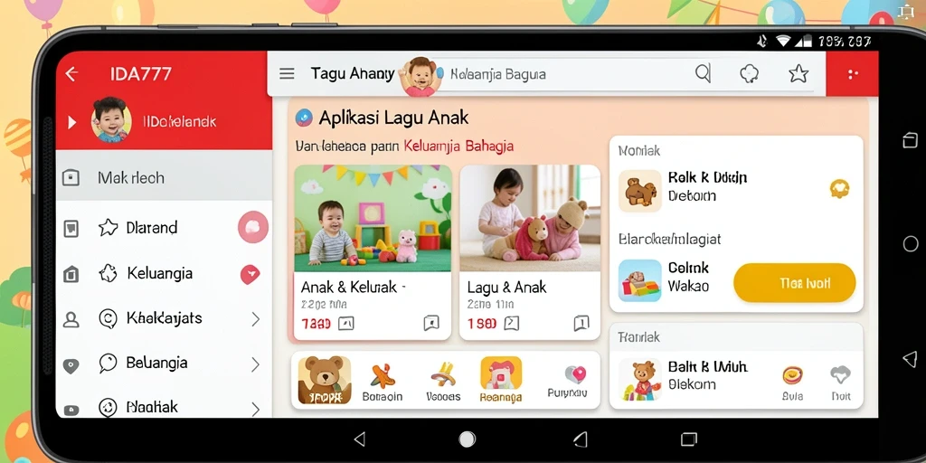 Antarmuka IDA777 yang ceria dan mudah digunakan untuk mendengarkan lagu anak.